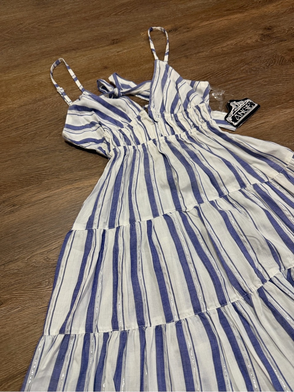 Angie Blue White Striped Tiered Sundress Metallic Lurex Tie Front Boho NWT S - Picture 3 of 9